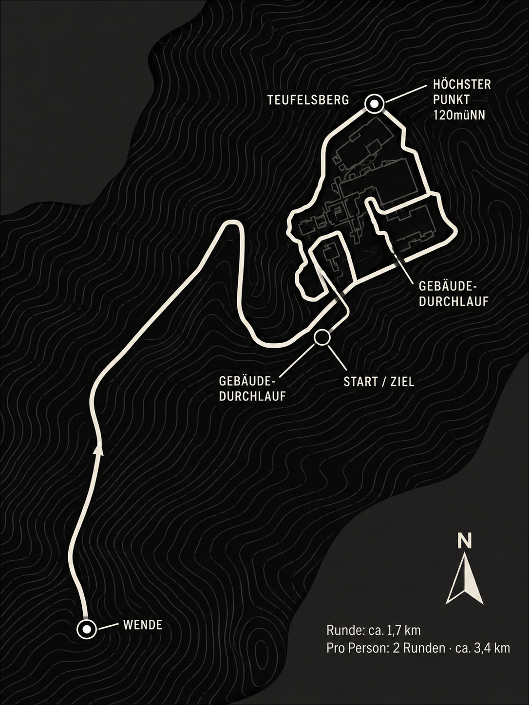 Karte des Teufelsbergs. Beschriftung: Runde ca. 1,7 km. Pro Person: 2 Runden, ca. 3,4 km. Bildbeschreibung im folgenden Element.